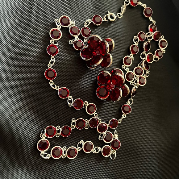 Rafaelian Open Bezel Set Crystal Red Chiclet Necklace and Earrings Set NOS - Picture 5 of 16